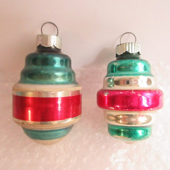 2 Shiny Brite Striped Glass Barrel Chirstmas Ornaments & 1 Fluted teardrop Vtg - Picture 2 of 16